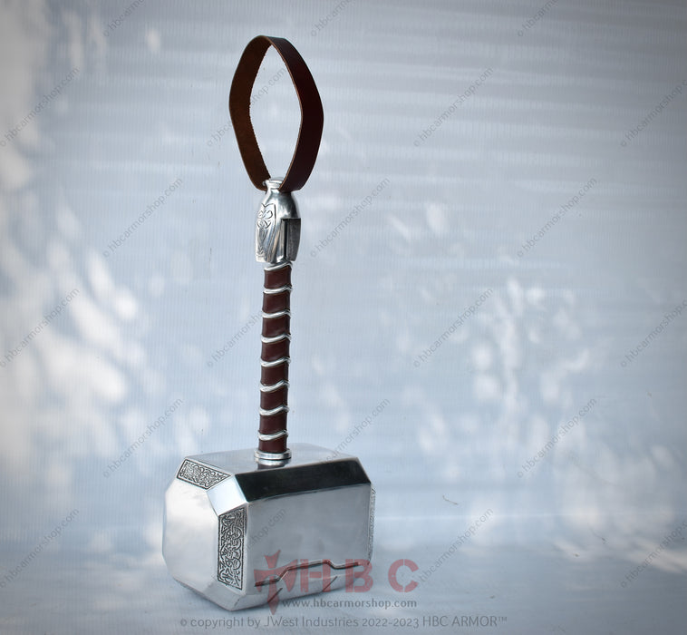 Hand Forged Aluminium Mjolnir Thor Hammer Replica with Leather-Wrapped Handle