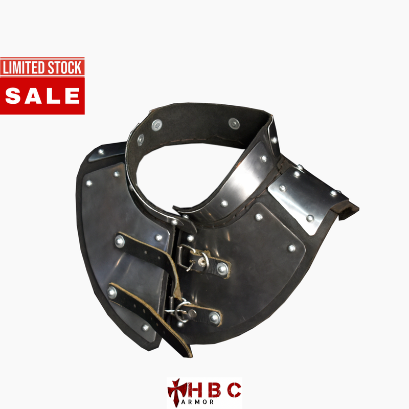 A dark metallic medieval-style collar or neck guard with rivets and strap closures, shown on a plain light gray background. A red 'LIMITED STOCK SALE' banner appears in the top-left corner, and the HBC Armor logo is visible at the bottom.