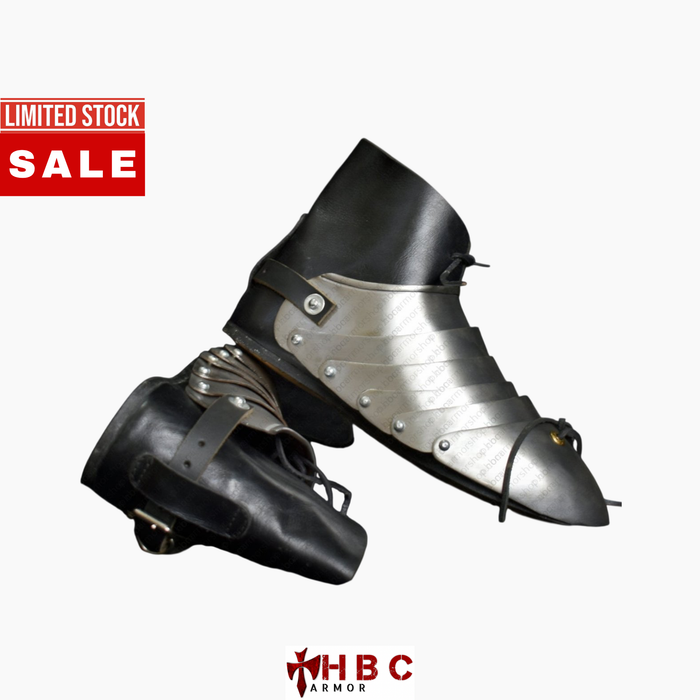 A pair of medieval-style leather and metal shin guards or boot covers on a light gray background, with a red 'LIMITED STOCK SALE' banner in the top left and an 'HBC ARMOR' logo at the bottom.