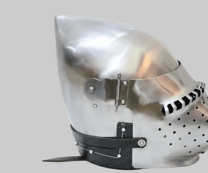 A polished steel medieval helmet with a pointed snout, ventilation holes, and a black leather chin strap, shown against a solid green background with a red skull-and-crossbones logo in the top right corner.