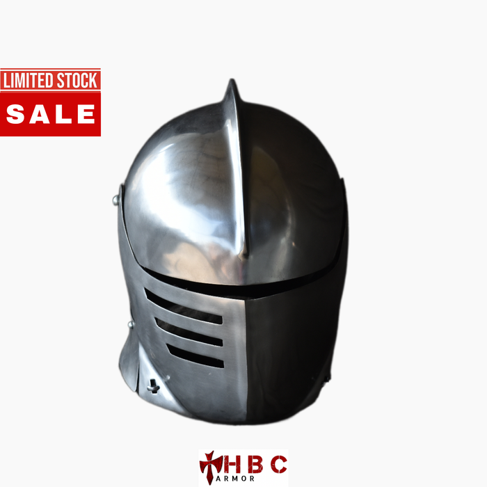 A polished steel medieval knight helmet with a pointed crest and three horizontal ventilation slots on the face, shown against a light gray background with a red 'LIMITED STOCK SALE' banner on the top left and an 'HBC ARMOR' logo at the bottom.