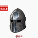 A polished steel medieval knight helmet with a polished visor and eye slits, shown on a light gray background with a red 'LIMITED STOCK SALE' banner on the top left and an 'HBC ARMOR' logo at the bottom.