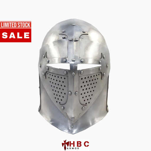 A medieval-style steel helmet with a visor and riveted metal construction, shown against a plain white background with a red 'LIMITED STOCK SALE' banner on the top left and an 'HBC Armor' logo at the bottom.