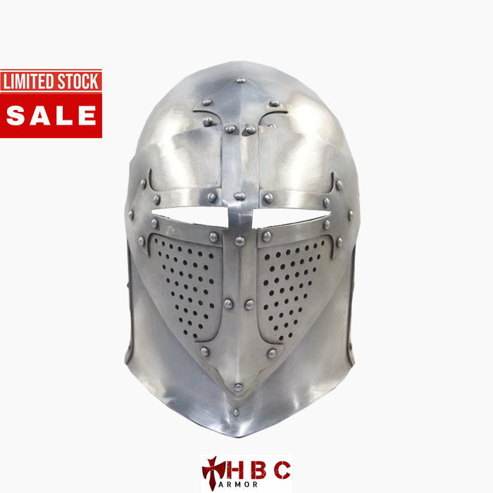 A medieval-style steel helmet with a visor and riveted metal construction, shown against a plain white background with a red 'LIMITED STOCK SALE' banner on the top left and an 'HBC Armor' logo at the bottom.