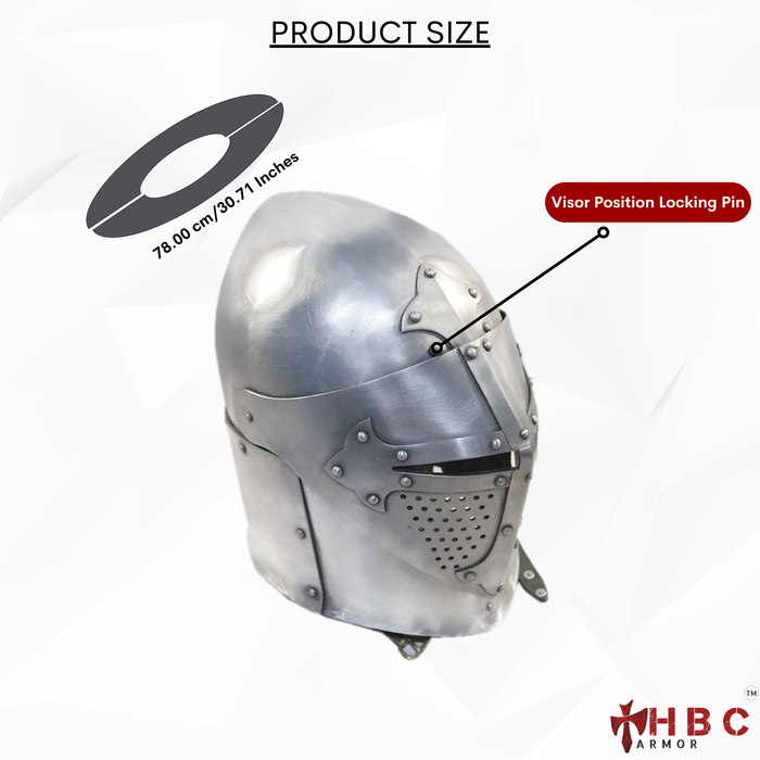 A medieval-style steel helmet with a visor, shown on a white background with product information callouts including 'PRODUCT SIZE' and a red 'Visor Position Locking Pin' label. The HBC Armor logo appears in the bottom right corner.
