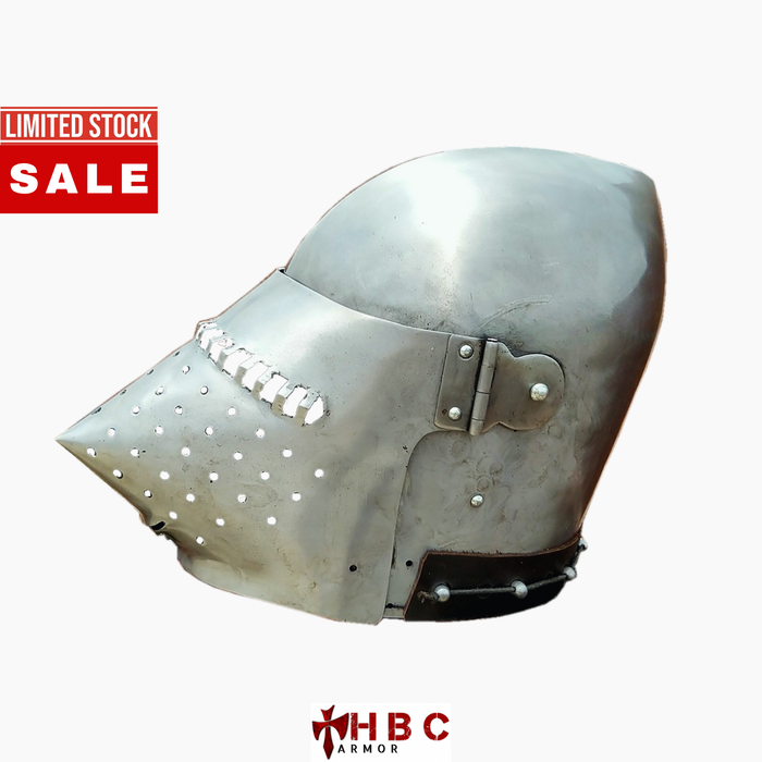 A medieval steel helmet with a visor and face guards, shown on a plain white background with a red 'LIMITED STOCK SALE' banner in the top-left corner and an 'HBC ARMOR' logo at the bottom.