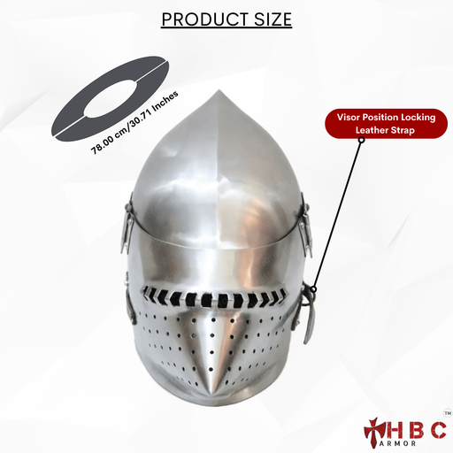 A stainless steel medieval-style full face helmet shown on a white background with product information callouts, including a size measurement graphic and a label pointing to the visor position locking leather strap. The HBC Armor logo appears in the bottom right corner.