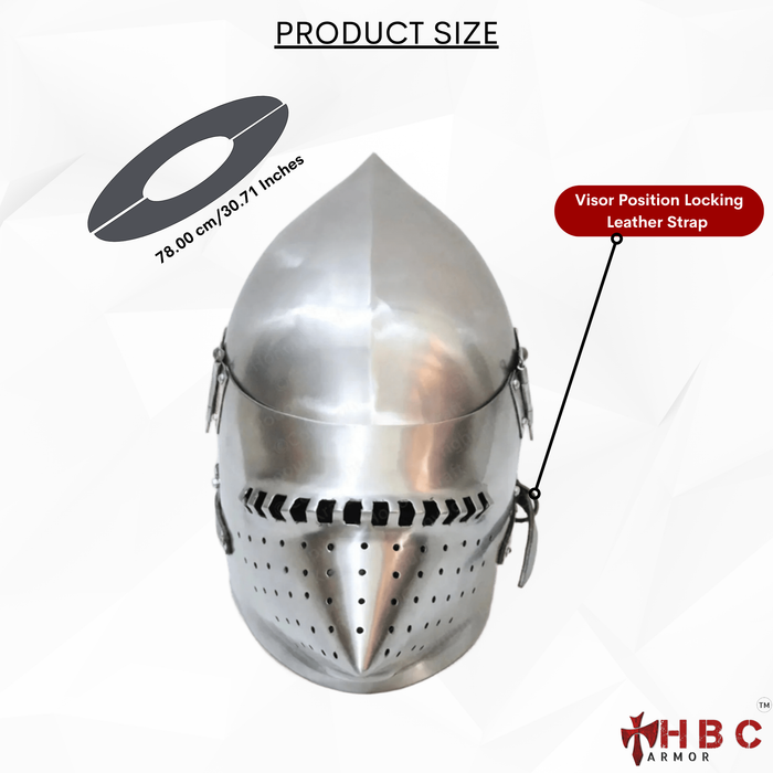 A stainless steel medieval-style full face helmet shown on a white background with product information callouts, including a size measurement graphic and a label pointing to the visor position locking leather strap. The HBC Armor logo appears in the bottom right corner.