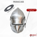 A stainless steel medieval-style full face helmet shown on a white background with product information callouts, including a size measurement graphic and a label pointing to the visor position locking leather strap. The HBC Armor logo appears in the bottom right corner.