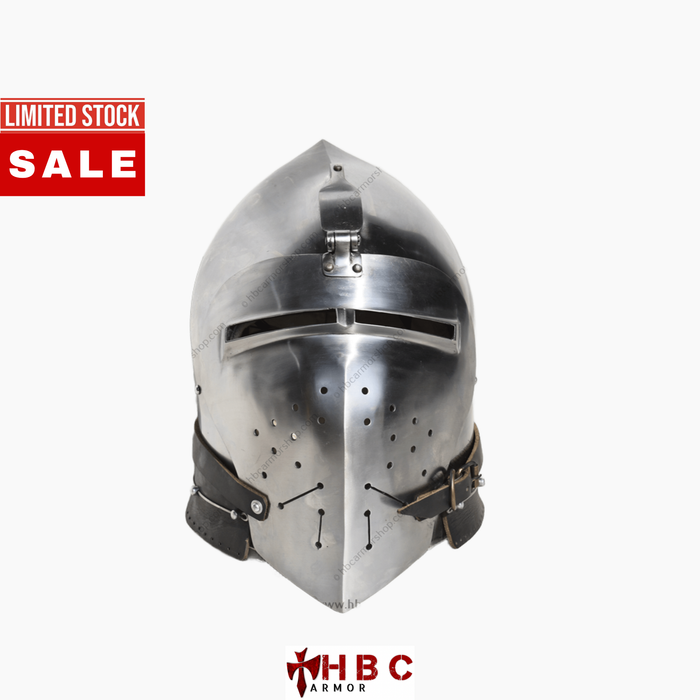 A polished steel medieval knight helmet with a narrow eye slit and black leather chin straps, shown on a light gray background with a red 'LIMITED STOCK SALE' banner on the top left and an 'HBC ARMOR' logo at the bottom.
