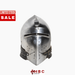 A polished steel medieval knight helmet with a narrow eye slit and black leather chin straps, shown on a light gray background with a red 'LIMITED STOCK SALE' banner on the top left and an 'HBC ARMOR' logo at the bottom.