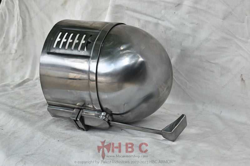 A detailed and authentic Boba Fett helmet cosplay costume, featuring the iconic T-shaped visor, battle-worn texture, and menacing design from the Star Wars universe