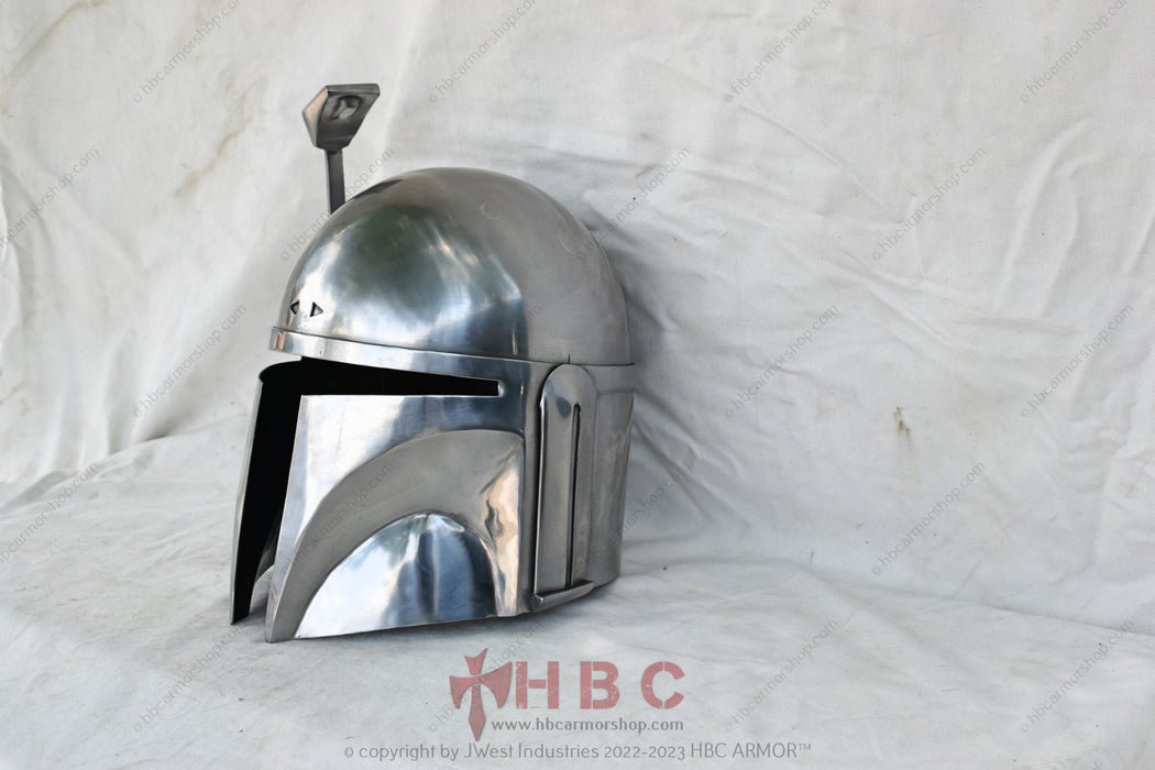 A realistic Boba Fett helmet designed for Live Action Role-Playing (LARP) and cosplay, crafted with attention to detail, including battle scars, weathered finish, and the recognizable T-shaped visor."