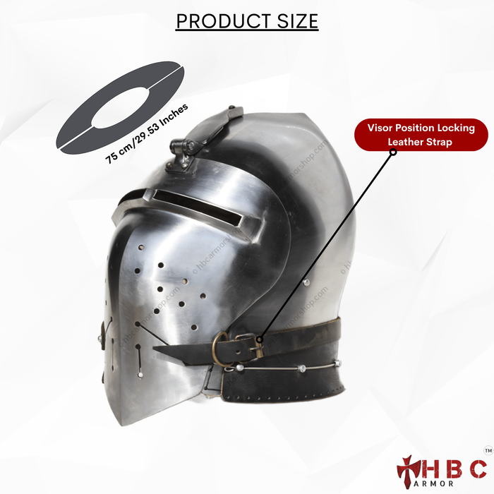 A medieval-style metal visor helmet shown on a white background with product callout graphics, including a size callout reading 75 cm / 29.5 inches and a red label pointing to the visor position locking leather strap.