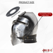 A medieval-style metal visor helmet shown on a white background with product callout graphics, including a size callout reading 75 cm / 29.5 inches and a red label pointing to the visor position locking leather strap.