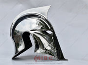 A hand-forged metal cosplay helmet with intricate etchings, reflective surface, and a sturdy construction, designed to resemble Dr. Fate's helmet from DC Comics.