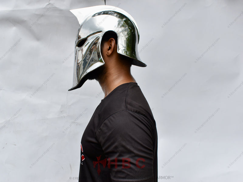 Dr. Fate helmet Cosplay accessory Comic book costume Hand-forged metal Etched detailing DC Comics fan Superhero cosplay Collector's item Golden finish Magical craftsmanship