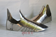 A pair of hand-forged Gothic 15th century sabaton foot armour designed for historical reenactment and medieval combat sports.
