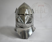 A polished steel medieval helmet with a pointed visor and side guards, photographed against a light gray background with a faint HBC armor watermark.