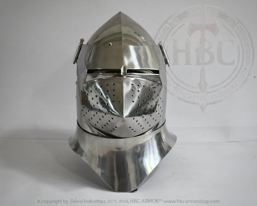 A polished steel medieval helmet with a pointed visor and side guards, photographed against a light gray background with a faint HBC armor watermark.