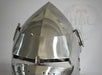 A polished steel medieval knight helmet with a pointed conical crown, visor, and side guards, shown against a light gray background with a faint HBC watermark.