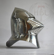 A polished steel medieval knight helmet with a pointed visor and curved neck guard, photographed against a light gray background with a faint HBC Armor watermark.