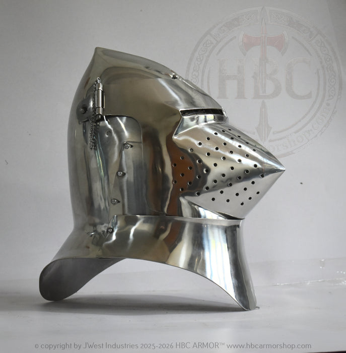 A polished steel medieval knight helmet with a pointed visor and curved neck guard, photographed against a light gray background with a faint HBC Armor watermark.
