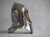 A polished steel medieval helmet with a padded interior lining, displayed on a light gray background with a faint HBC Armor Shop watermark.