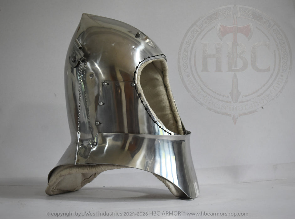 A polished steel medieval helmet with a padded interior lining, displayed on a light gray background with a faint HBC Armor Shop watermark.
