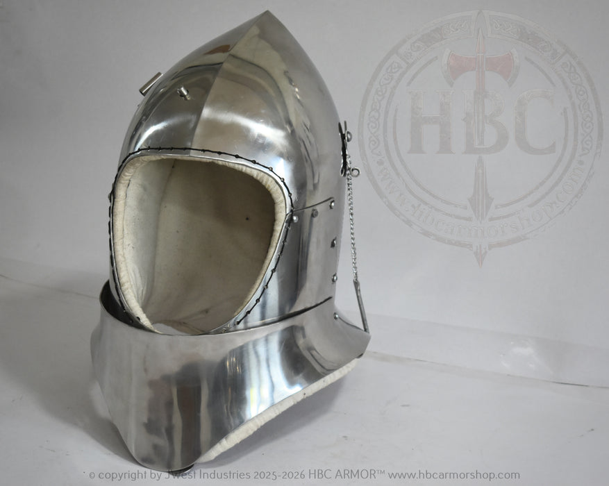A polished steel medieval helmet with a padded off-white interior lining, displayed on a white surface against a white background with a faint HBC logo watermark.