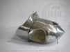 A medieval-style steel mail or plate armor helmet cover, shown from a side angle on a light gray background. The metallic silver steel plates are joined with rivets and a small chain detail is visible on the right side.