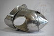 A polished steel medieval-style helmet or visor with a pointed tip, rivets, and a chain detail, photographed on a light gray background with a faint HBC Armor watermark.