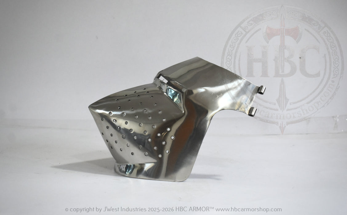 A polished metallic steel armor piece, likely a medieval helmet or visor component, displayed on a light gray background with a faint HBC Armor logo watermark.
