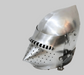 A polished steel medieval helmet with a visor and eye slits, shown against a solid green background with a small red logo in the top right corner.