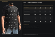 A size and measurement guide for the HBC Armor Handmade Brigadine vest. The left side shows a model wearing the black vest with silver studs, while the right side features a sizing table from S to XL with chest, waist, and full length measurements, along with a 'How to Measure' section.