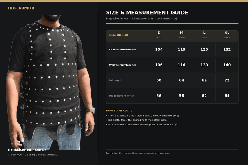 A size and measurement guide for the HBC Armor Handmade Brigadine vest. The left side shows a model wearing the black vest with silver studs, while the right side features a sizing table from S to XL with chest, waist, and full length measurements, along with a 'How to Measure' section.