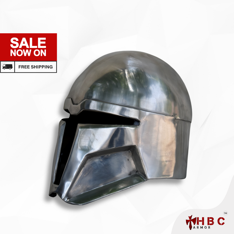 A hand-forged metal heavy infantry helmet with a glossy finish, featuring a prominent central visor and vented design, marked with 'SALE NOW ON' and 'FREE SHIPPING' text.