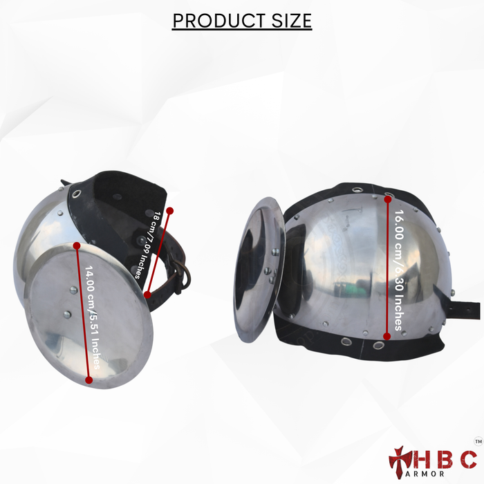 Product size diagram showing two views of a steel neck guard with red dimension lines and text indicating measurements in centimeters and inches. The image includes the text 'PRODUCT SIZE' at the top and the 'HBC ARMOR' logo at the bottom right.