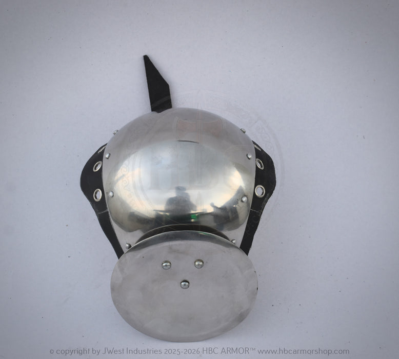 A vintage-style steel gladius armor plate with a polished silver dome, black leather straps, and rivets, shown against a light gray background.