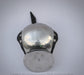 A vintage-style steel gladius armor plate with a polished silver dome, black leather straps, and rivets, shown against a light gray background.