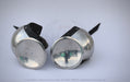 A pair of polished steel gladius armor plates with black leather straps, displayed on a light gray background.