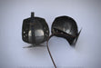 A pair of medieval-style steel helmet visors with leather straps, displayed on a light gray background.