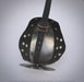 A medieval-style steel and leather visor or helmet component, featuring a polished steel plate, a black leather strap with a brass buckle, and a circular steel base, photographed against a light gray background.