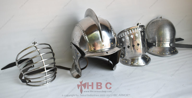 pen Face Visor: Enjoy excellent visibility for friendly gatherings and Renaissance Fairs, allowing you to interact and showcase your authentic Landsknecht look. Half-Face Visor: Ideal for combat scenarios or when you desire a balanced compromise between protection and visibility. Full-Face Visor: For the most rigorous of battles, this visor provides comprehensive protection while still maintaining adequate vision.