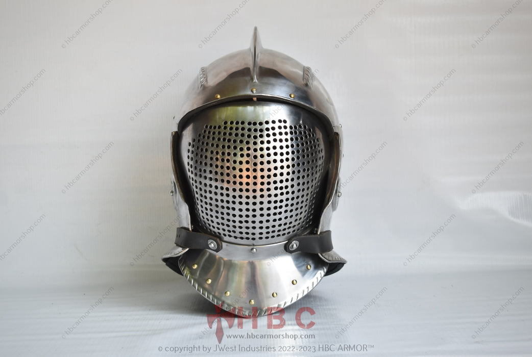 HBC Armor's Hand Forged Medieval Landsknecht Burgonet Helmet with Interchangeable Visors is designed for individuals who value authenticity, history, and adaptability in their armor. It's a symbol of passion, innovation, and unwavering dedication.