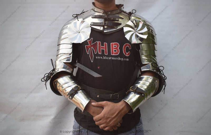 Late 15th-century South German Gothic Arm Harness with besagews, handcrafted steel armor for knights, Buhurt, SCA, and historical reenactments."