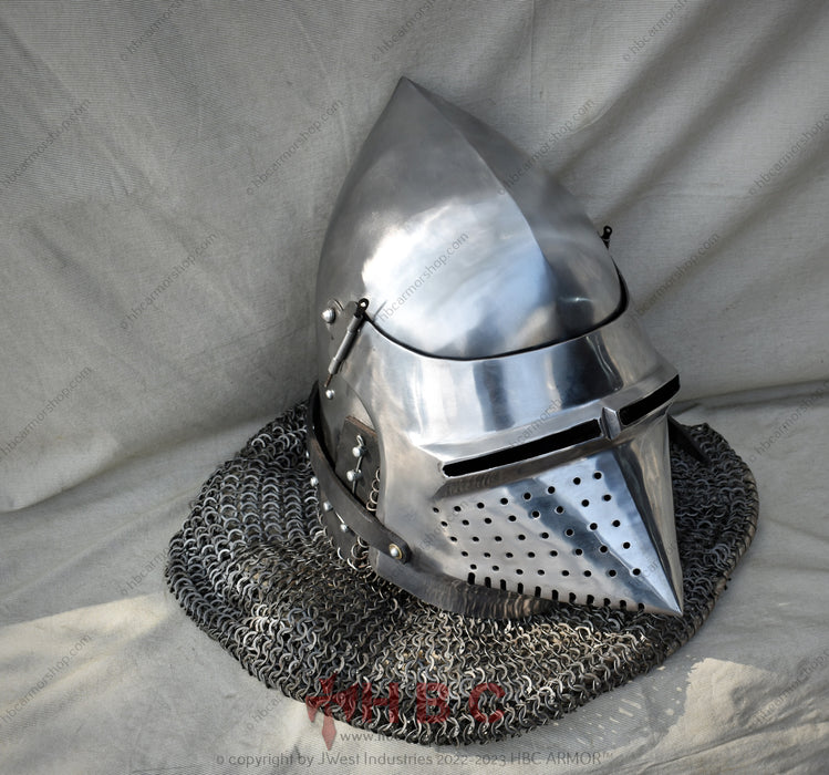 Historical helmet craftsmanship Medieval battle helmet Milanese armor reenactment