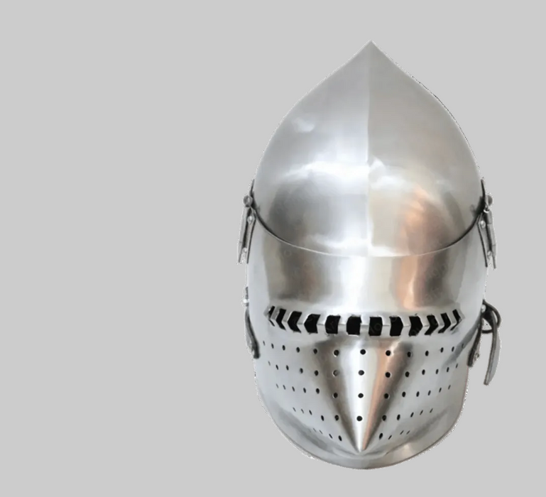 A polished steel medieval-style helmet with a pointed visor and eye slits, shown against a solid green background with a HBC Armor Brand