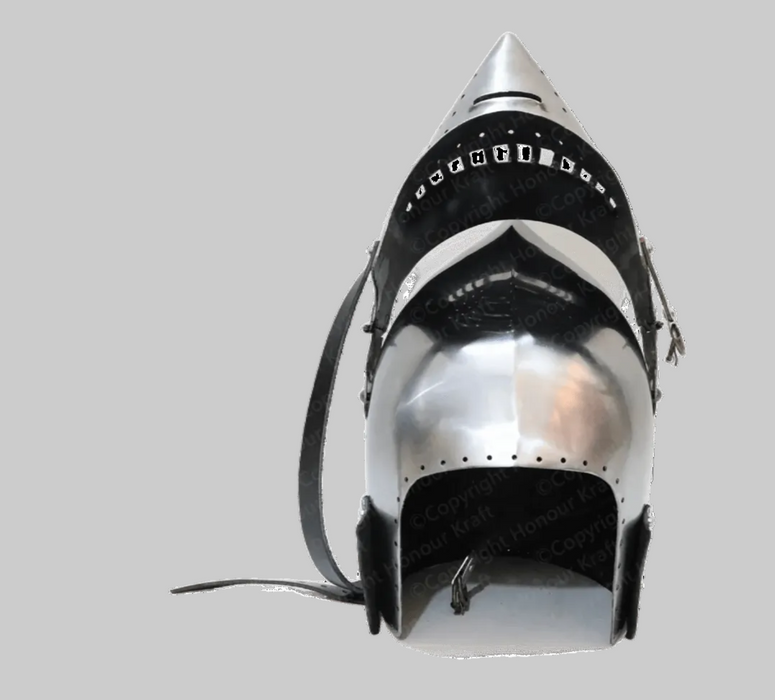 A medieval steel and leather visor helmet shown from the front against a solid green background, with a red pirate-style logo in the top right corner.