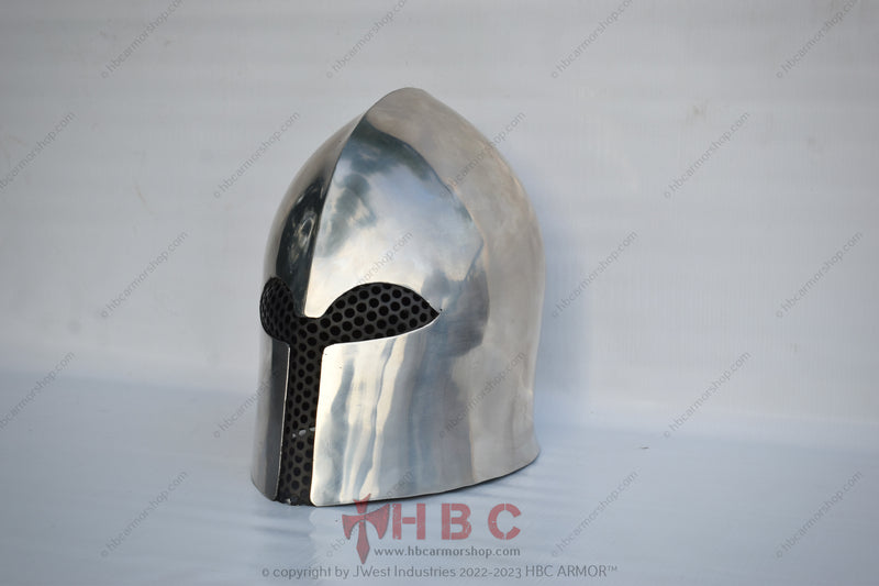 A polished metal Knight's Hope helmet with perforated eye slots, designed for SCA armor combat.